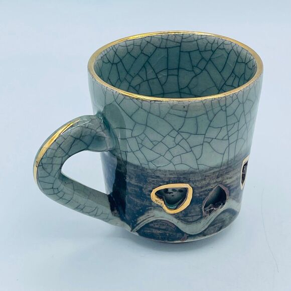 Made in Japan Two Wall Gold Trimmed Mug Samayaki Tea Cup Soma Ware Crackle Glaze - Picture 4 of 7